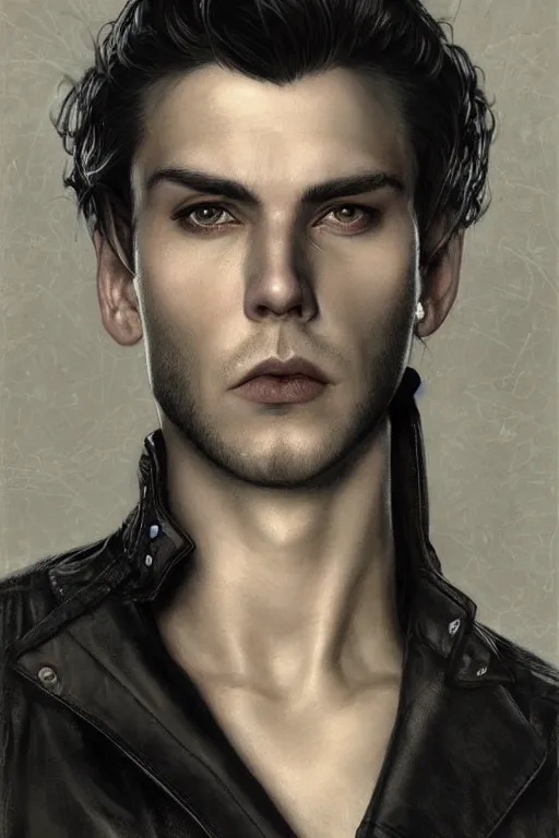 Prompt: a handsome man, short white hair, goth, intricate, elegant, dramatic lighting, gorgeous face, black leather jacket, highly detailed, lifelike, photorealistic, digital painting, artstation, illustration, concept art, smooth, sharp focus, art by John Collier and Albert Aublet and Krenz Cushart and Artem Demura and Alphonse Mucha