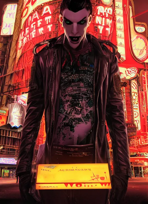 Image similar to 35mm kodak portra photograph of a shadowrun vampire on the Las Vegas strip at night by tomer hanuka and tom bagshaw, handsome face, blood, urban fantasy, hyper realism, high detail, octane render, 8k, trending on artstation, CGsociety, concept art