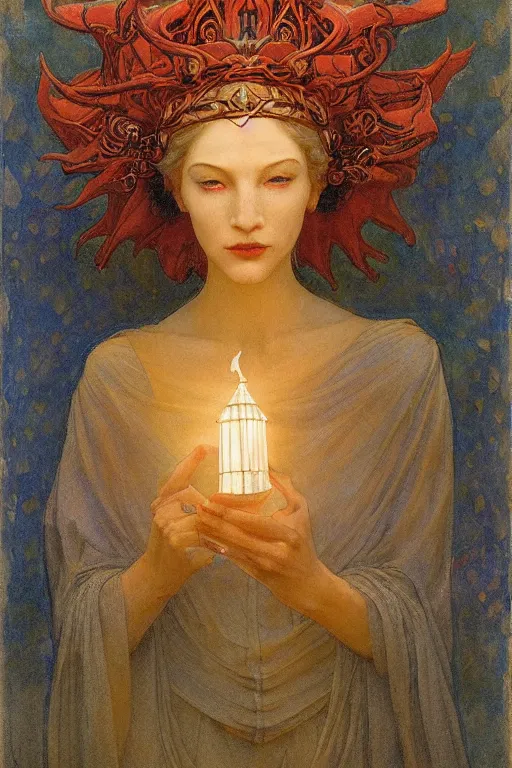 Image similar to queen of the fog with her lantern by Annie Swynnerton and Nicholas Roerich and jean delville, strong dramatic cinematic lighting , ornate headdress , flowing robes, lost civilizations, smooth, sharp focus, extremely detailed