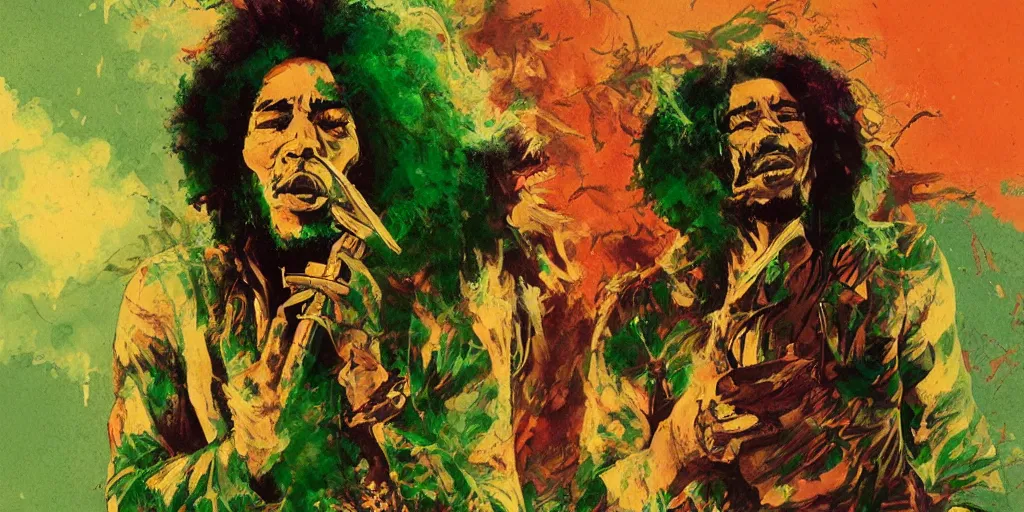 Prompt: Bob Marley and Jimi Hendrix smoking herb, very detailed, Green Smoke, large white border, hd, high resolution print :1 Red, Gold and Green by Sachin Teng, Tom Bagshaw, Greg Rutkowski, Carne Griffiths, trending on deviant art :1