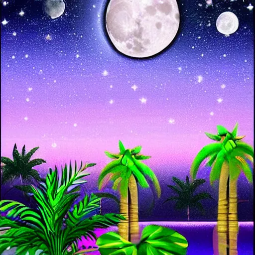 Prompt: dreamy wistful oasis whimsical purple pink blue calm nighttime stars palm tree lush pond reflecting moon