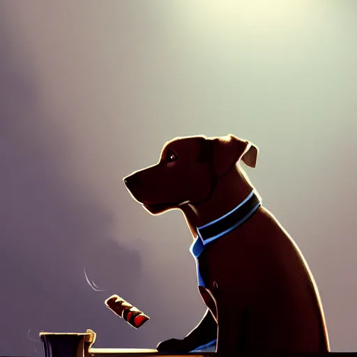 Image similar to a dog wearing a business suit smoking a cigar, dramatic lighting, cinematic, establishing shot, extremly high detail, photorealistic, cinematic lighting, concept art, artstation, style by greg rutkowsky