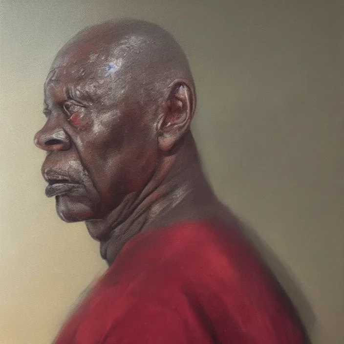 Image similar to a painting of a elder man by Lynette Yiadom-Boakye . dramatic angle, details, smooth, sharp focus, illustration, realistic, cinematic, artstation, award winning, rgb , unreal engine, octane render, cinematic light, macro, depth of field, blur, red light and clouds from the back, highly detailed epic cinematic concept art CG render made in Maya, Blender and Photoshop, octane render, excellent composition, dynamic dramatic cinematic lighting, aesthetic, very inspirational, arthouse.