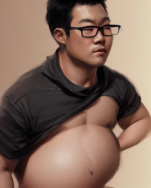 Prompt: Portrait of handsome Asian man, sultry, wearing glasses, with a big pregnant belly, highly detailed, digital painting, artstation, concept art, smooth, sharp focus, illustration, art by Artgerm and Greg Rutkowski