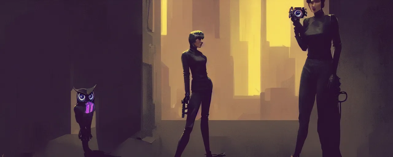 Prompt: duotone tech noir concept illustration 3 / 4 portrait of rachel from blade runner with owl in the background. cinematic volumentric lighting space. golden ratio accidental renaissance. by sachin teng and sergey kolesov and ruan jia and heng z. graffiti art, scifi, fantasy, hyper detailed. octane render. concept art. trending on artstation