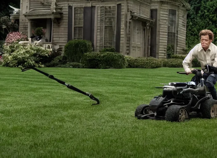 Prompt: film still of Willem Dafoe mowing a lawn in the new Robocop movie, 4k