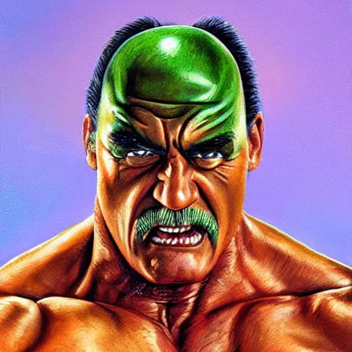 Image similar to wrestler hulk hogan, photorealistic, ring of fire, painted by michael whelan