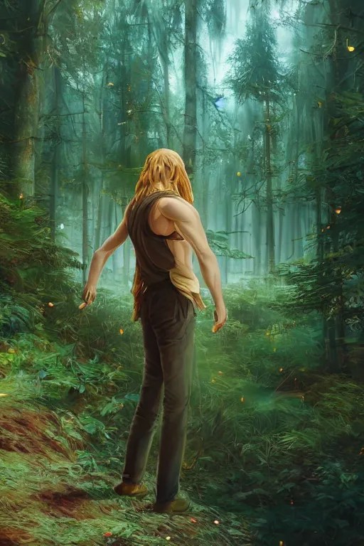 Prompt: pretty young man with long golden blond hair, hair made of gold, demure, slender, back view, lost, trees, detailed forest background, webtoon, breathtaking scenery, colourful, 8 k, graphic novel, digital art trending on artstation, volumetric lighting, octane render, cinematic, hyper detailed, magical atmosphere, magical forest