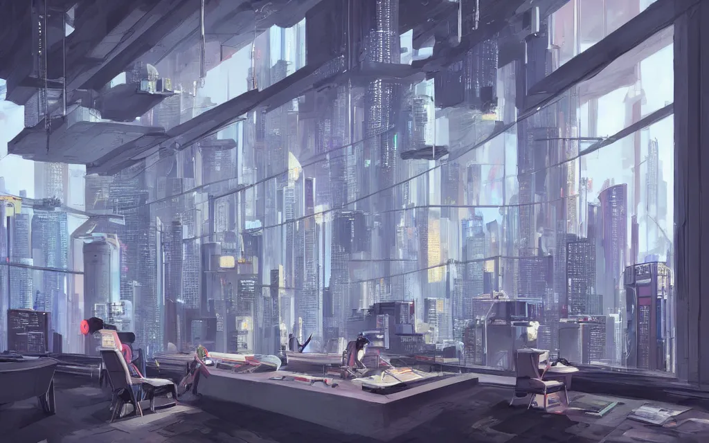 Image similar to cyberpunk loft lounge with tall windows without people with city in background, drawn by feng zhu