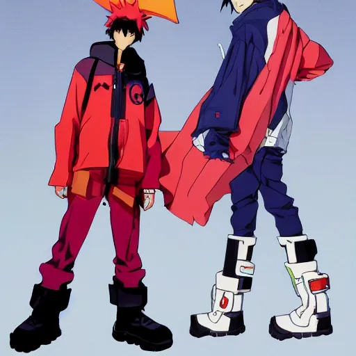 Image similar to gainax anime characters evangelion flcl fooly cooly wearing oversized hoodies balenciaga vetements, official art