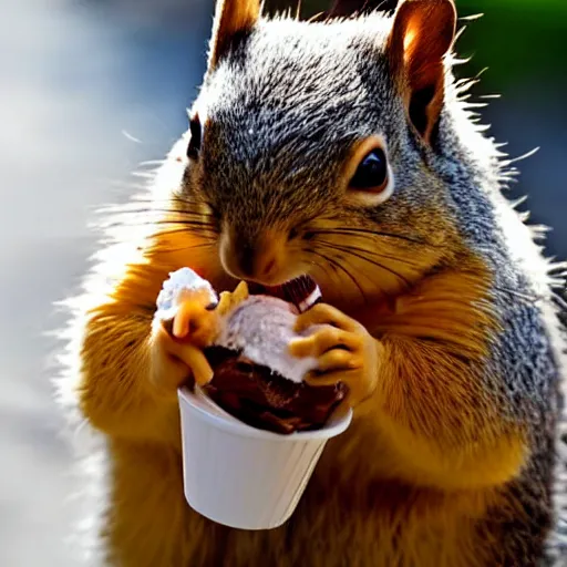 Prompt: A fat squirrel eating icecream