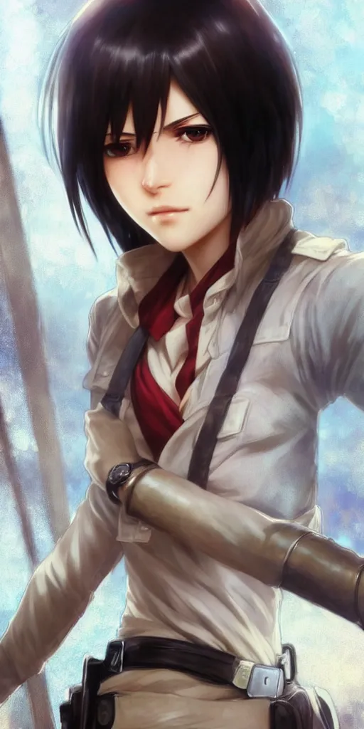 Image similar to mikasa ackerman, hero pose, medium shot, bokeh, beautiful face!!!!, 2 7 years old, cg animation, lifelike, animated, realistic, character select portrait, by artgerm, greg rutkowski, alphonse mucha, 3 d