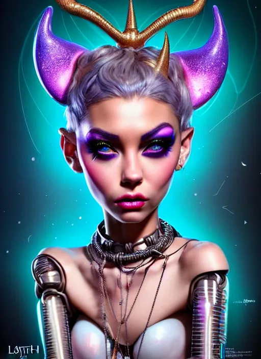 Image similar to disney weta portrait, beautiful gloss porcelain white edm raver clowncore pearl chain horned angel madison beer cyborg woman, bling, sci - fi, fantasy, cyberpunk, intricate, decadent, highly detailed, digital painting, ever after high, octane render, artstation, concept art, smooth, sharp focus, illustration, art by artgerm, loish, wlop