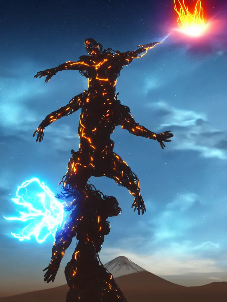 Image similar to levitating cybertronic wizard, opening a shining portal, night sky, horizon of an erupting volcano, 4 k, ultra realistic, detailed, epic lighting, high detail, masterpiece, trending on artstation