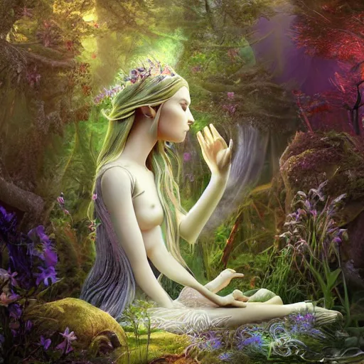 Image similar to elven princess meditating in forest, magical flowers, surrounded by fairies, beautiful face, wisps, surreal, surrealist art, digital art, trending on artstation, ultra detailed, intricate, sacred geometry, serene, beautiful, photo, realistic, perfect, smooth, light shafts, light diffusion, chromatic aberration, moebius, by moebius, peter mohrbacher