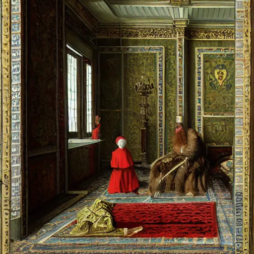 Image similar to Ivan the Terrible in his palace in Moscow is sneaking up on his son with an intention to kill him, wide angle, high detail, in style of Greg Rutkowski, width 768