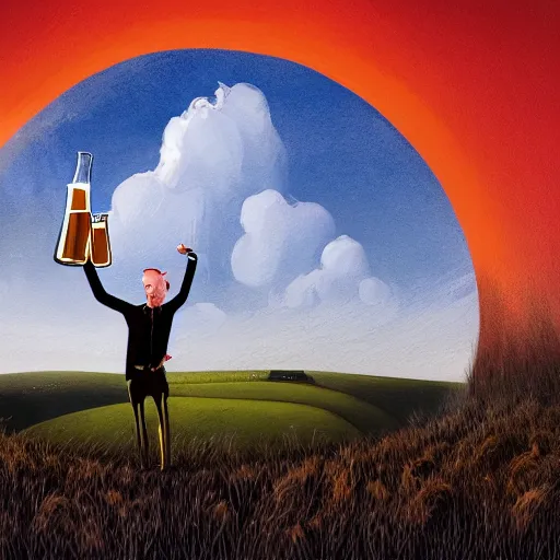 Image similar to a Scottish man holding a pint of beer in the middle of an empty field, In the back ground of the frame is a beautiful landscape., physically accurate, dynamic lighting, intricate, elegant, highly detailed, digital painting in the style of very very ralph steadman, sharp focus, illustration