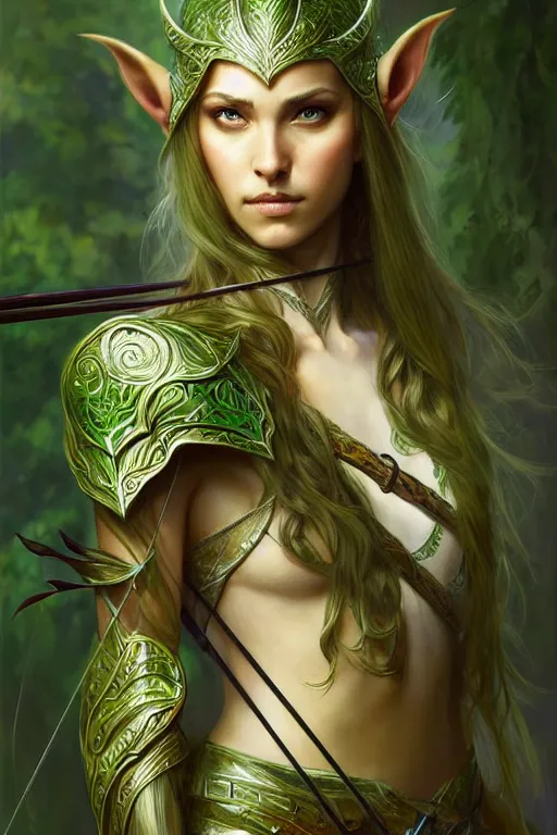 Image similar to male elven Archer armor made of green leaves, fantasy, amber eyes, face, long hair, intricate, elegant, highly detailed, digital painting, artstation, concept art, smooth, sharp focus, illustration, art by artgerm and greg rutkowski and alphonse mucha