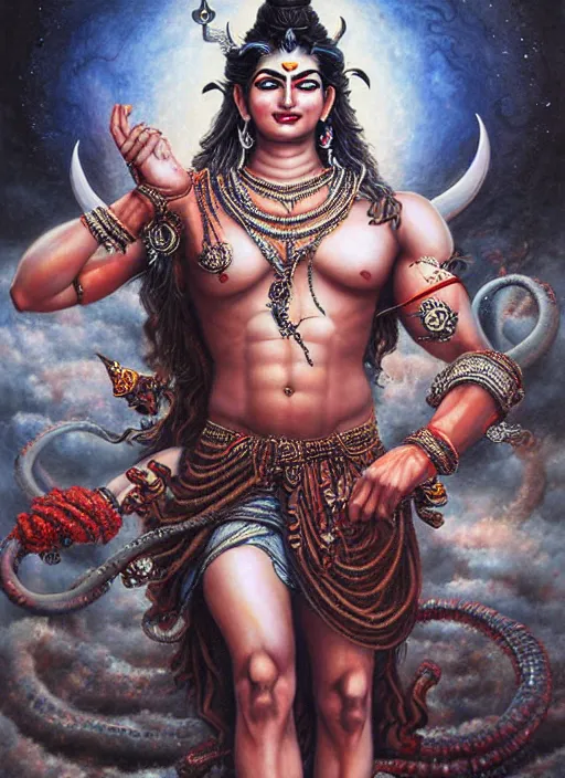 Prompt: god shiva the destroyer, 4!!! arms!!!! an ultrafine detailed painting by ayami kojima, cgsociety, fantasy, anime digital art, lovecraftian, cosmic horror, detailed painting