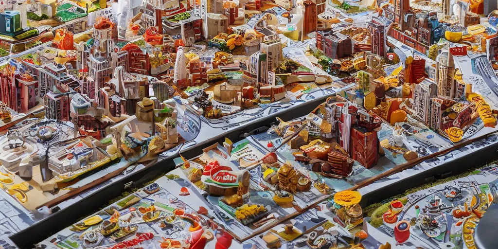 Image similar to a model of manhatten constructed out of fast food, diner food, pastries, miniature photography, diorama, wide - angle macro lens, art, award - winning, beautiful high resolution