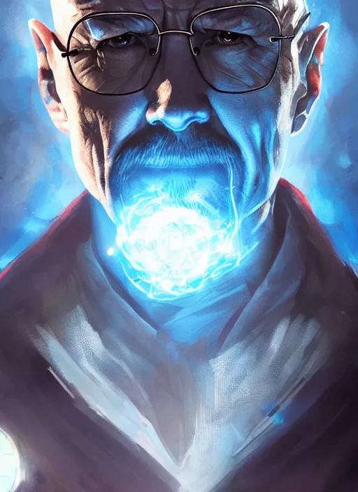 Image similar to walter white as doctor strange, long shadow, light colors, blue magic, ice, blue ice, by greg rutkowski, artstation