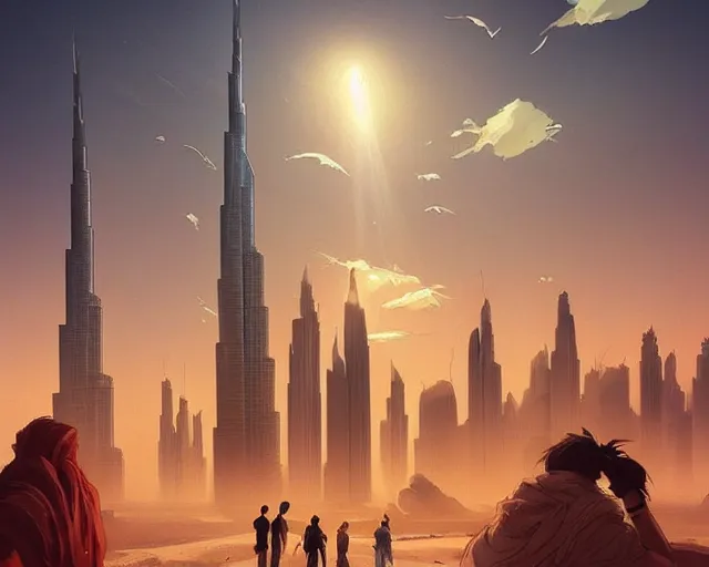 Image similar to dubai city and burj khalifa in front big desert, atmospheric lighting. by makoto shinkai, stanley artgerm lau, wlop, rossdraws, james jean, andrei riabovitchev, marc simonetti, krenz cushart, sakimichan, d & d trending on artstation, digital art.