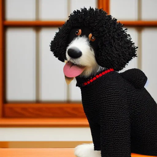 Image similar to a closeup photorealistic photograph of a cute smiling knitted bernedoodle judge dog dressed in a black gown, presiding over the courthouse. indoors, professional capture, well lit shot. this 4 k hd image is trending on artstation, featured on behance, well - rendered, extra crisp, features intricate detail, epic composition and the style of unreal engine.