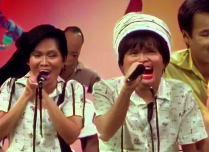 Prompt: Indonesia funny TV show in 1998. VHS footage. A cute girl singing on stage in the TV studio.