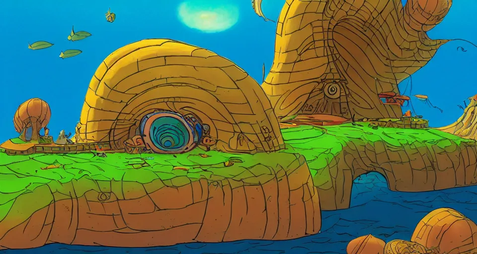 Prompt: giant abalone - shaped seashell house in the ocean by dr seuss, ralph mcquarrie, in the style of zelda windwaker, triadic color scheme, cell shading, 3 d