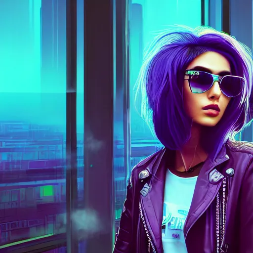 Prompt: closeup painting of a very beautiful young mexican cyberpunk woman with a smirk, wearing light blue venetian blind shades and a purple coloured leather jacket, one side haircut, long brown hair with light blue ends, portrait, hyperdetailed, artstation, cgsociety, 8 k, synthwave!!! image