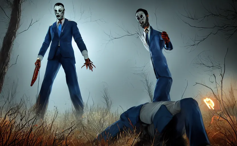 Prompt: cinematic view of a dead by daylight killer lawyer wearing a blue business suit, character portrait, digital art