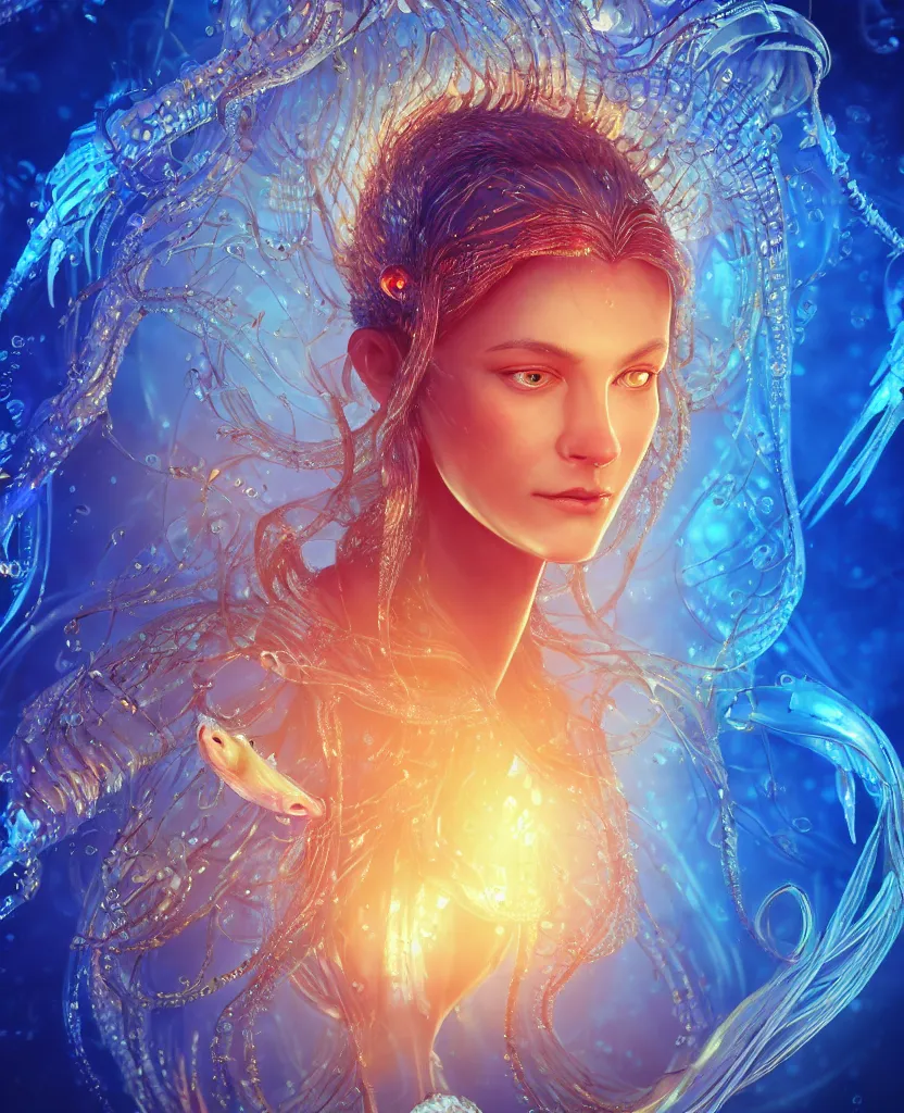 Image similar to close-up macro portrait of the face of a beautiful princess, epic angle and pose, symmetrical artwork, 3d with depth of field, blurred background, cybernetic jellyfish female face skull phoenix bird, translucent, nautilus, energy flows of water and fire. a highly detailed epic cinematic concept art CG render. made in Maya, Blender and Photoshop, octane render, excellent composition, cinematic dystopian brutalist atmosphere, dynamic dramatic cinematic lighting, aesthetic, very inspirational, arthouse. y Greg Rutkowski, Ilya Kuvshinov, WLOP, Stanley Artgerm Lau, Ruan Jia and Fenghua Zhong