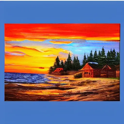 Prompt: sunset over a wooden cabin on the coast, sea, oil painting, very detailed, colorful