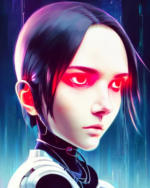 Image similar to a comic potrait of a cyberpunk cyborg girl with big and cute eyes, fine - face, realistic shaded perfect face, fine details. night setting. very anime style. realistic shaded lighting poster by ilya kuvshinov katsuhiro, magali villeneuve, artgerm, jeremy lipkin and michael garmash, rob rey and kentaro miura style, trending on art station