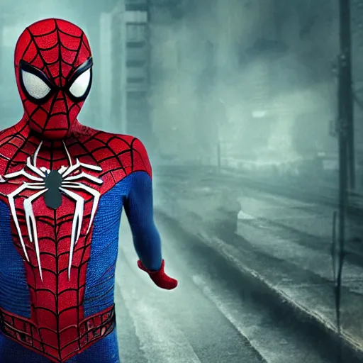 Image similar to dramatic scenes of wounded spiderman, post apocalyptic, sad ambience