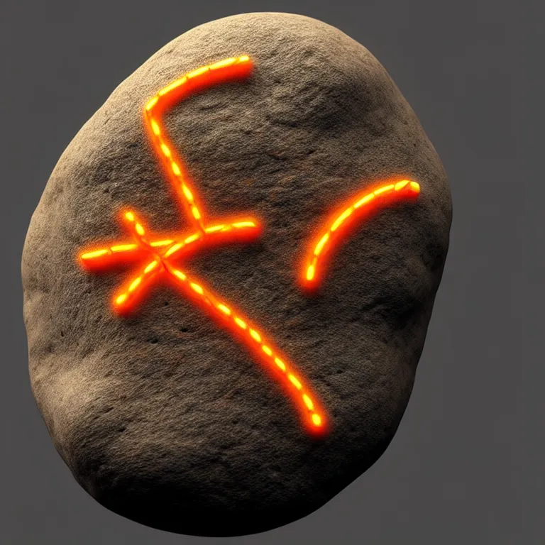 Prompt: photo of a large pebble with a glowing runes drawn on it. pebble is completely wrapped with copper wire like an electromagnet. extremely high details, octane rendering, cgsociety