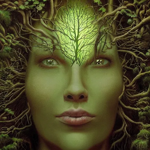 Prompt: masterpiece closeup portrait of Tree Plant-Person in a surreal dream landscape, cinematic lighting, Michael Whelan