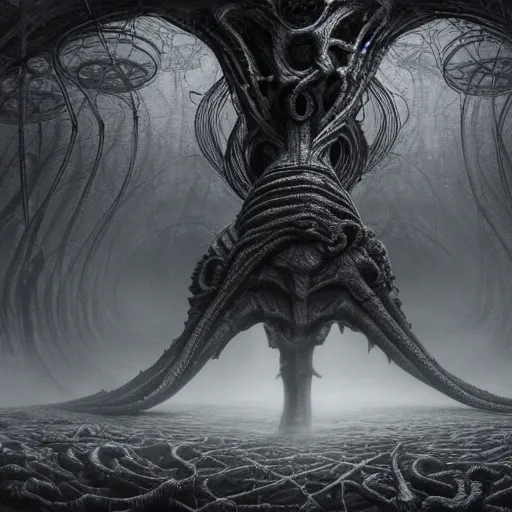 Prompt: Vicariously!!! I, live while the whole world dies, ultra realist soft painting of the world of Lovecraft Elden Ring and Giger, very intricate details, ultra dense fog, golden ratio, volumetric black and white lighting, reflections, refractions, symmetry accurate, octane render