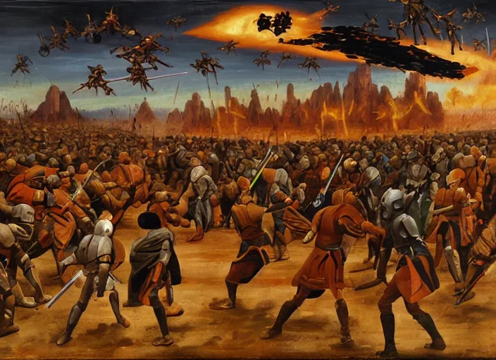 Image similar to medieval oil painting depicting the jedi knights fight on geonosis in attack of the clones, realistic, sharp, uhd