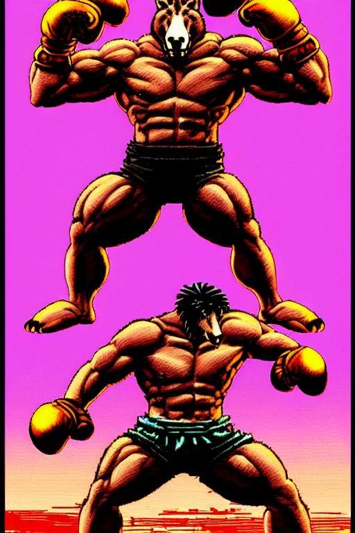 Prompt: extreme long shot. 8 bit nes graphics. antropomorphic muscular masculine wolf. kickboxer fighter, in shorts. wolf head. fine details, very sharp, art from nes game cartridge, vhs, vaporwave, marc simonetti and hermann nitsch