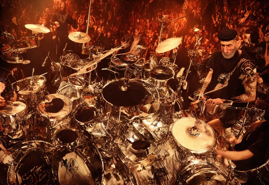 Image similar to khamenei playing drums in heavy metal band in hell, high definition, trending on artstation, unreal engine, photorealistic, high resolution,, trending on deviantart, hdr, hyper detailed, insane details, intricate, elite, ornate, elegant, luxury, dramatic lighting