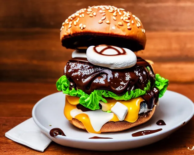 Image similar to dslr food photograph of burger with some marshmallows in it, some chocolate sauce, 8 5 mm f 1. 4