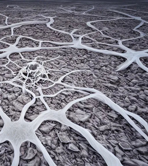 Prompt: surreal neuron city, elysian unfinished bioremediation tower made of crystalized synapse, aerial iridecent veins, moonbow, inverted white massive veins of sand in the floor, in the desert, foggy sky, dark starry night, octane render, unreal engine, pale colors, high detail, 8 k, wide angle, trending on artstation, behance