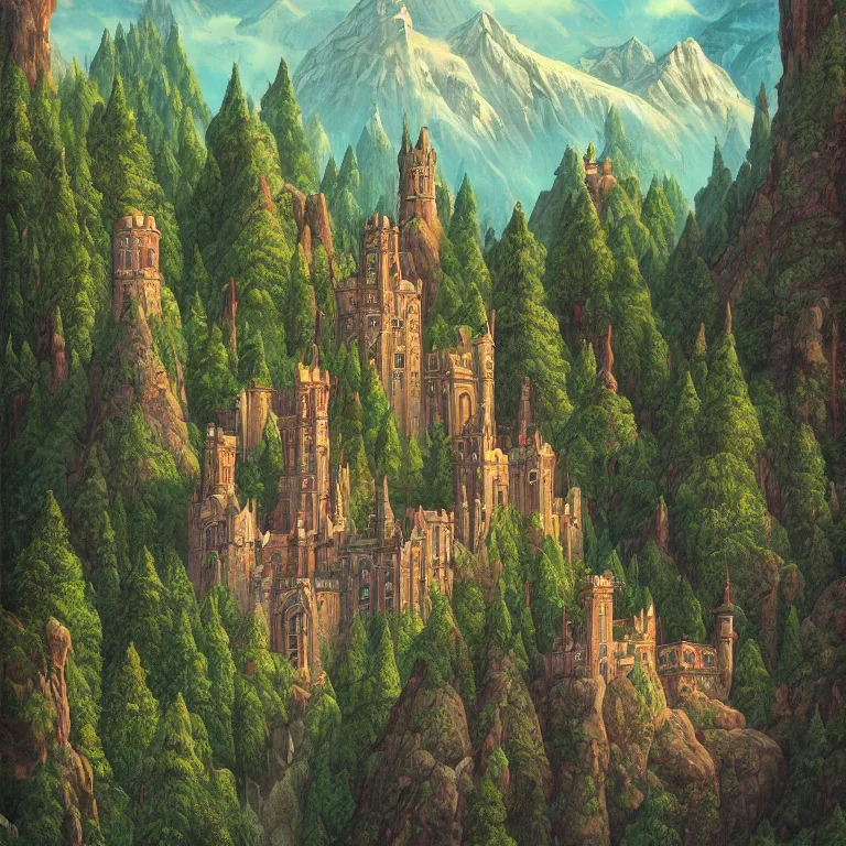 Image similar to a beautiful ultradetailed painting of high fantasy surreal arcane castle on a green mountain above a forest by wes anderson trending on artstation