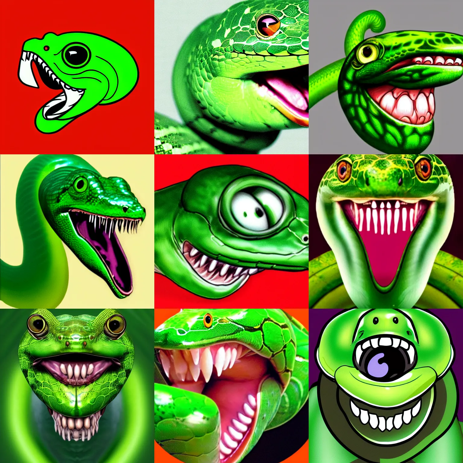 Prompt: Profile picture of green snake with comically large head looking right, portrait, computer drawing, large fangs, open mouth, large eyes