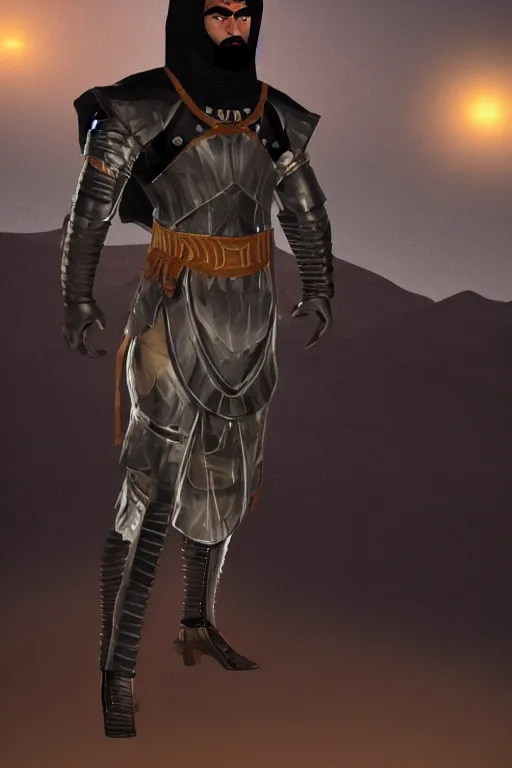 Image similar to Bedouin arab superhero, black vest, intimidating full body armor, Arabian sword, beard, nighttime, cinematic lighting first person view