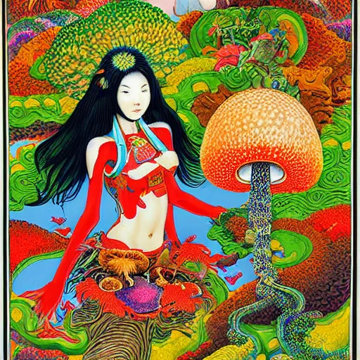 Image similar to a japanese psychedelic love goddess, a sense of awe, offering mushrooms, illustration, slime, amanita - muscaria, insanely detailed and intricate, hypermaximalist, elegant, ornate, hyper realistic, super detailed, by tadanori yokoo