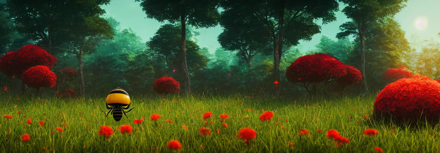 Image similar to stunning glowing crimson beehive with black accents, in a beautiful forest meadow village landscape, flowers, happy trees, photorealistic, octane render, rtx, hdr, unreal engine, digital art widescreen 8 k, studio ghibli, pixar, bee movie, disney