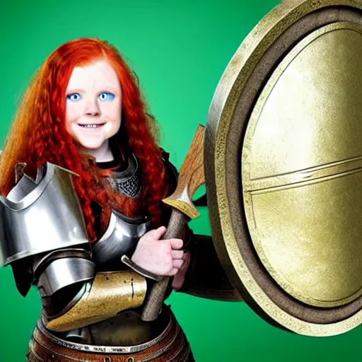 Image similar to dwarven woman, ginger hair, green eyes, holding hammer and shield with plate armour