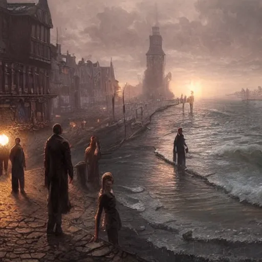 Image similar to shadow over innsmouth, people walking out of the water, painted by seb mckinnon, high detail, dramatic light, digital art, painted by greg rutkowski, promotional movie posterart, trending on artstation